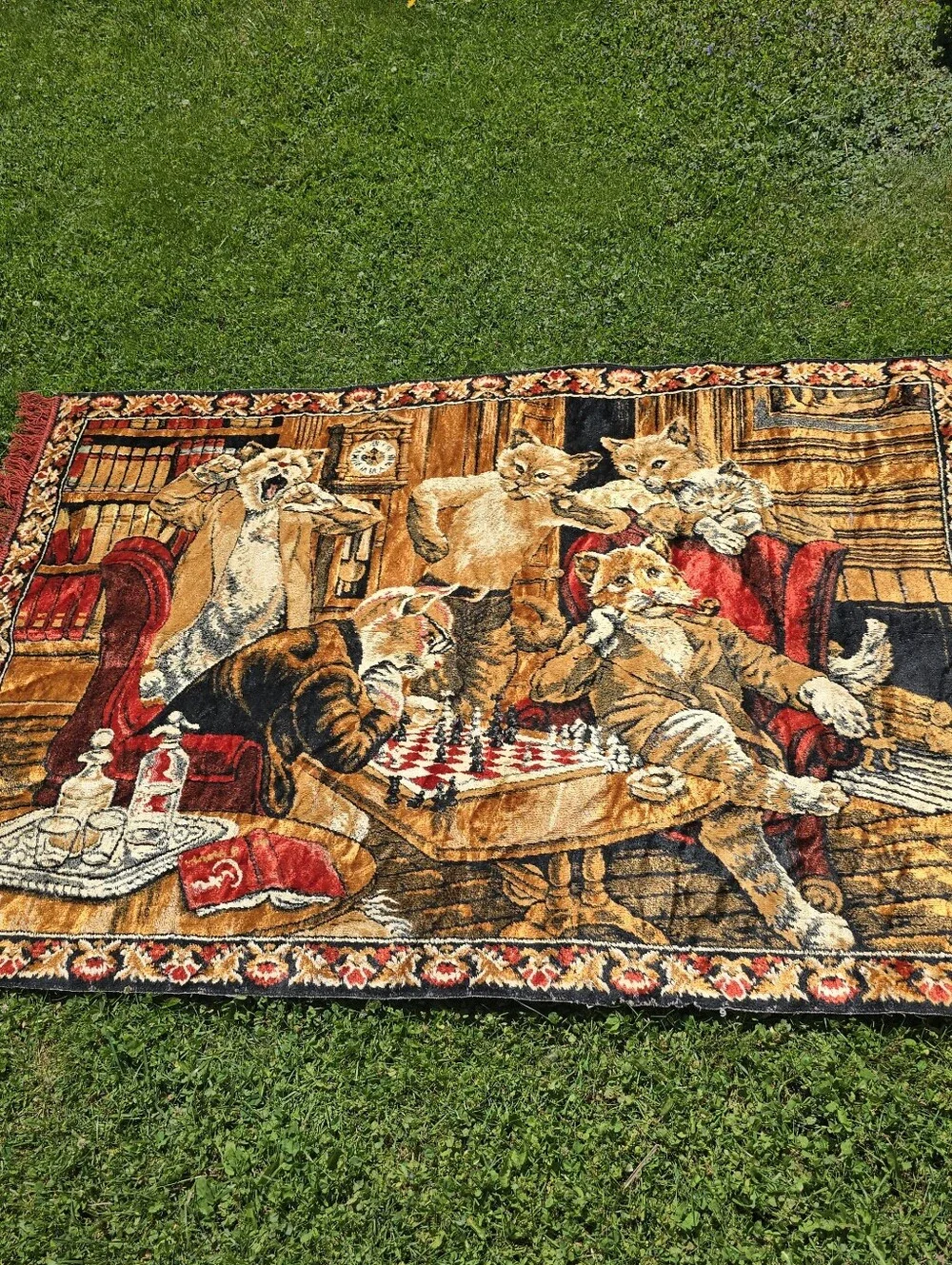 Vtg Anthropomorphic Cat Tapestry Wall Hanging Playing Chess Barware 48